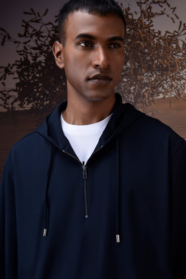 Navy Poly Viscose Lycra Half-Zip Hoodie
