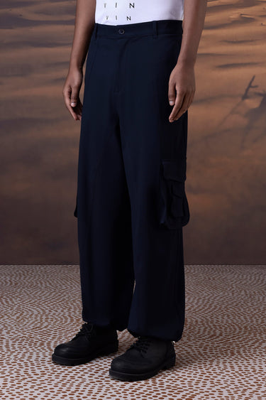 Navy Poly Viscose Lycra Cargo