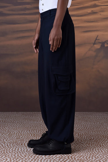 Navy Poly Viscose Lycra Cargo
