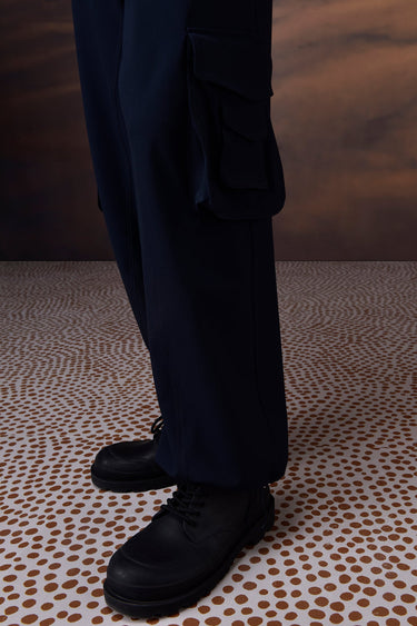 Navy Poly Viscose Lycra Cargo
