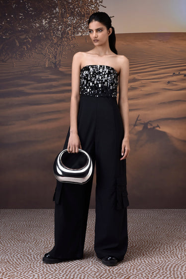 Black Poly Wool Strapless Sequin Panel Jumpsuit