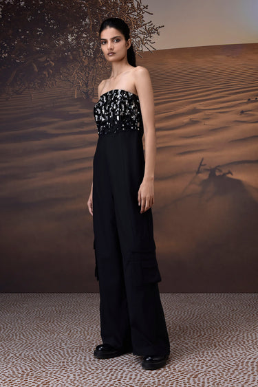 Black Poly Wool Strapless Sequin Panel Jumpsuit