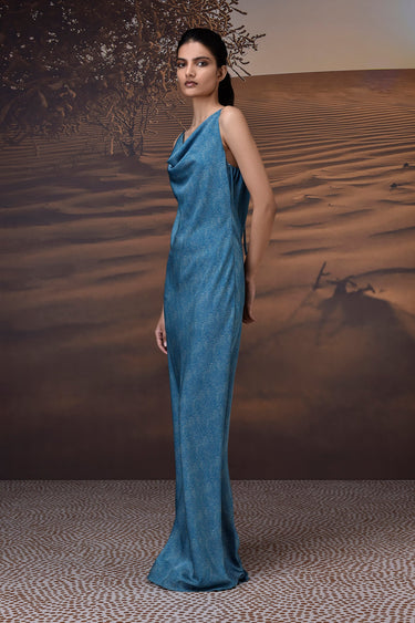 Retro Blue Satin Cowl Neck Dress