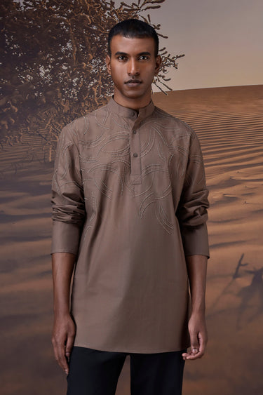 Embroidered Warm Beige Poplin Band-Collar Shirt