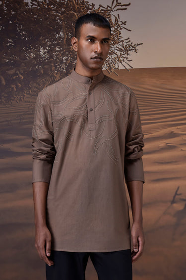 Embroidered Warm Beige Poplin Band-Collar Shirt