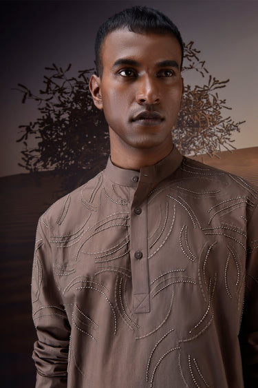 Embroidered Warm Beige Poplin Band-Collar Shirt
