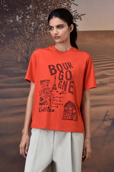 French Sketch Cotton Jersey T-Shirt - Coquelicot Red