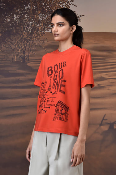 French Sketch Cotton Jersey T-Shirt - Coquelicot Red