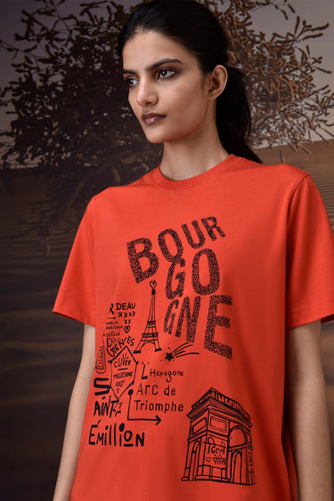 French Sketch Cotton Jersey T-Shirt - Coquelicot Red