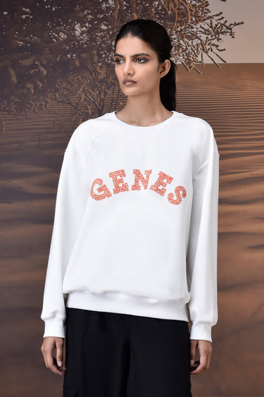 Ecru Crew Neck Sweatshirt with Textured GENES Appliqué