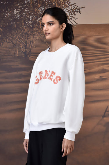 Ecru Crew Neck Sweatshirt with Textured GENES Appliqué