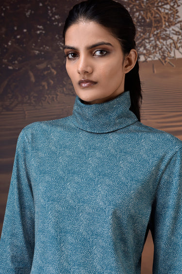 Retro Blue Micro-Dot High Neck Jersey Top
