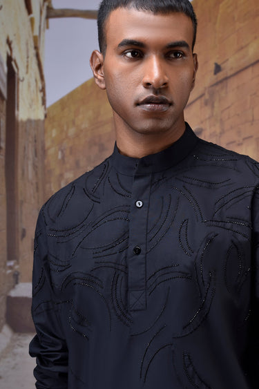 Embroidered Black Poplin Band-Collar Shirt