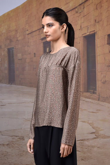Textured Warm Beige Yoke-Gather Top