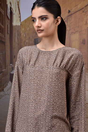 Textured Warm Beige Yoke-Gather Top