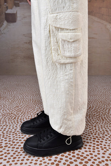 Ecru Quilted Cargo Trousers