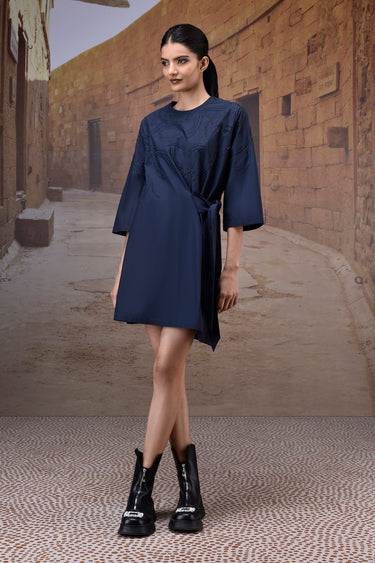 Navy Embroidered Cotton Poplin Tie-Waist Dress