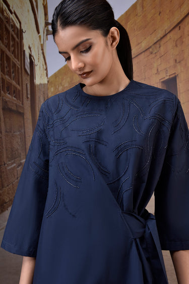 Navy Embroidered Cotton Poplin Tie-Waist Dress