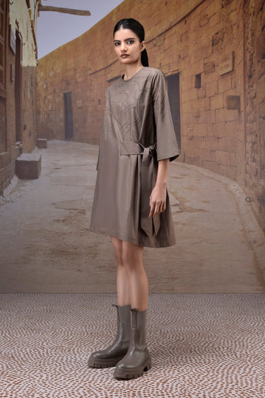 Warm Beige Giza Cotton Poplin Fit-and-Flare Dress