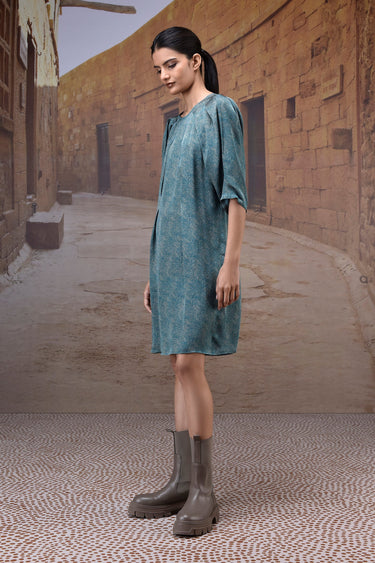 Pleated Retro Blue Satin Dress