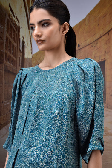 Pleated Retro Blue Satin Dress