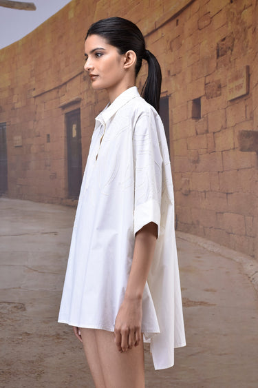 Ecru Embroidered Oversized Cotton Poplin Shirt