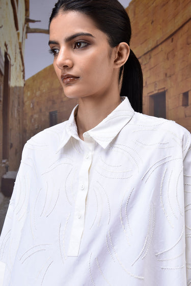 Ecru Embroidered Oversized Cotton Poplin Shirt