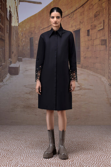 Black Poplin Shirt Dress with Cutwork Sleeves