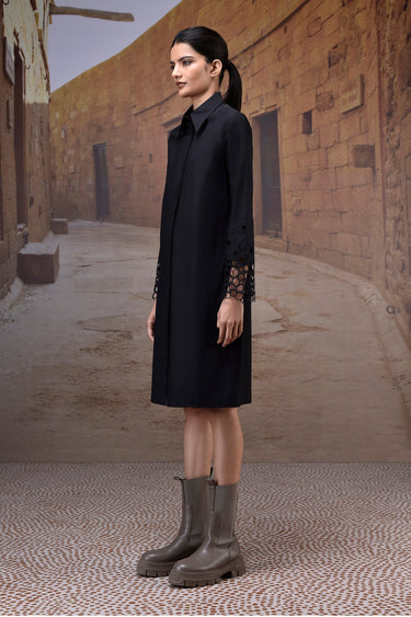 Black Poplin Shirt Dress with Cutwork Sleeves