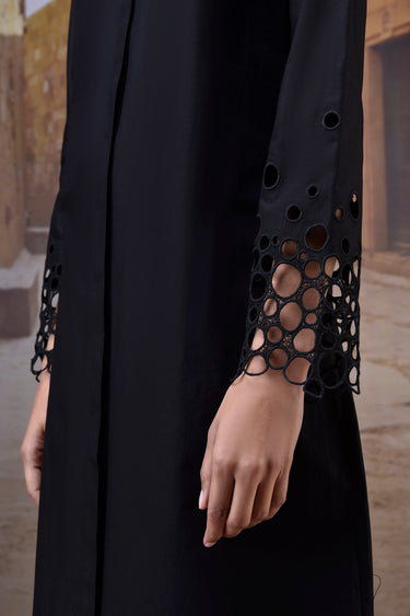 Black Poplin Shirt Dress with Cutwork Sleeves