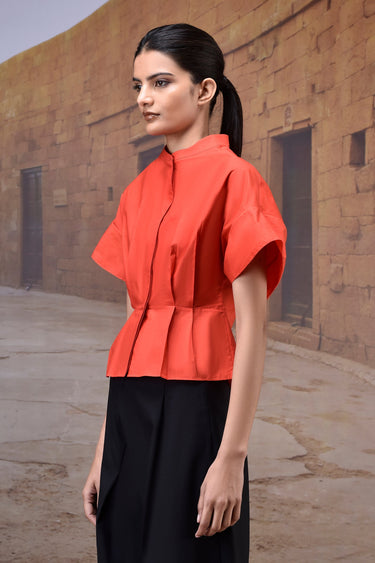 Coquelicot Red Giza Cotton Top with Structured Sleeves
