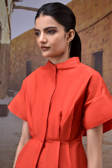 Coquelicot Red Giza Cotton Top with Structured Sleeves