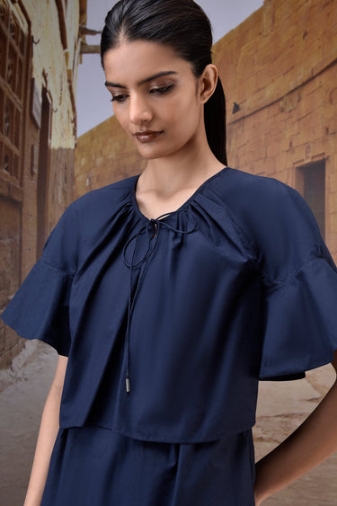 Navy Flounce Sleeve Cotton Dress