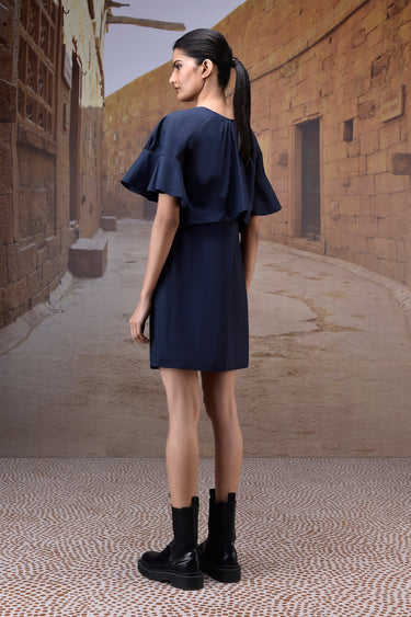 Navy Flounce Sleeve Cotton Dress
