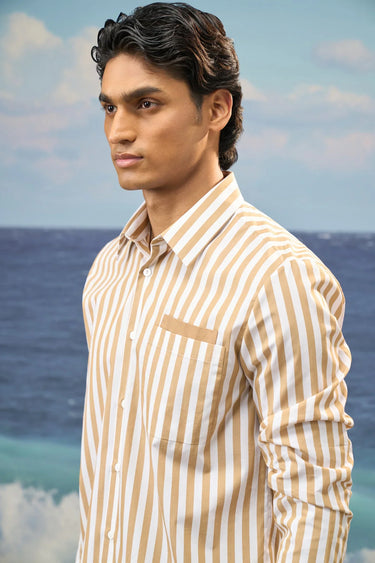 Beige Premium Cotton Bold Stripe Long-Sleeve Shirt