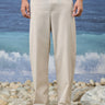 Beige relaxed fit cotton lycra trousers for men by Genes Lecoanet Hemant India