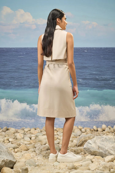 Beige Premium Cotton Lycra Sleeveless Shirt Dress