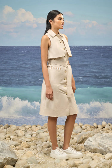 Beige Premium Cotton Lycra Sleeveless Shirt Dress