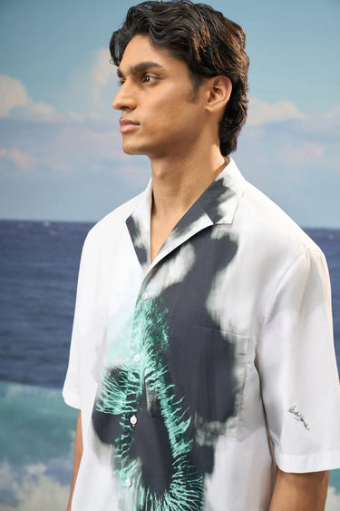 Black and white cotton poplin shirt for men showing breathable crisp fabric texture