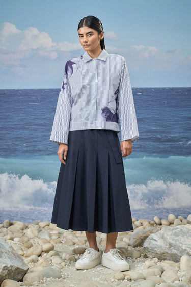 Premium cotton pinstripe jacket for women showing breathable fabric texture