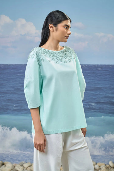 Embroidered Elbow-Sleeve Top in Premium Cotton Poplin – Mint Green