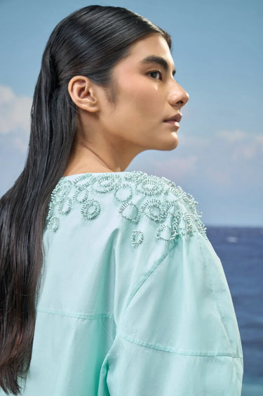 Embroidered Elbow-Sleeve Top in Premium Cotton Poplin – Mint Green