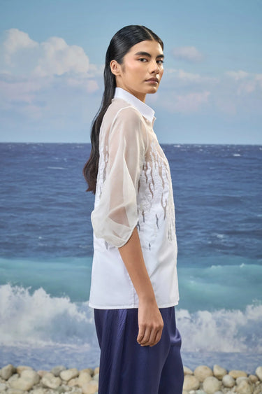 Embroidered Puff-Sleeve Shirt in Premium Cotton Poplin & Organza – White