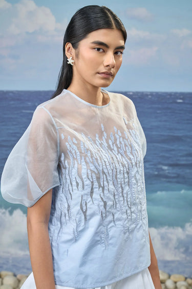 Embroidered Puff-Sleeve Top in Premium Cotton Poplin & Organza – Light Blue