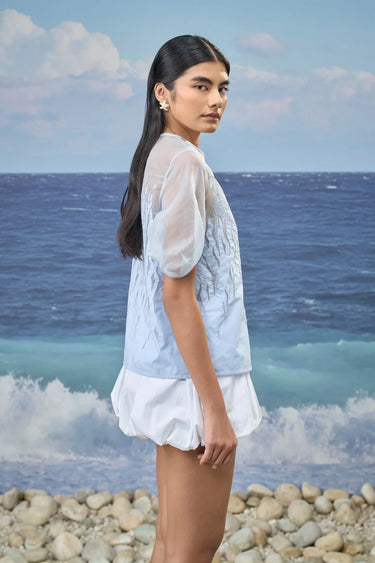 Embroidered Puff-Sleeve Top in Premium Cotton Poplin & Organza – Light Blue