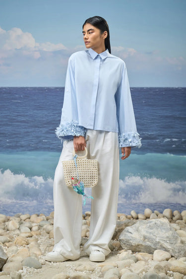 Embroidered Relaxed Shirt in Premium Cotton Poplin – Light Blue