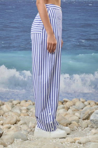 High-Waist Striped Wide-Leg Trousers in Premium Cotton – Navy