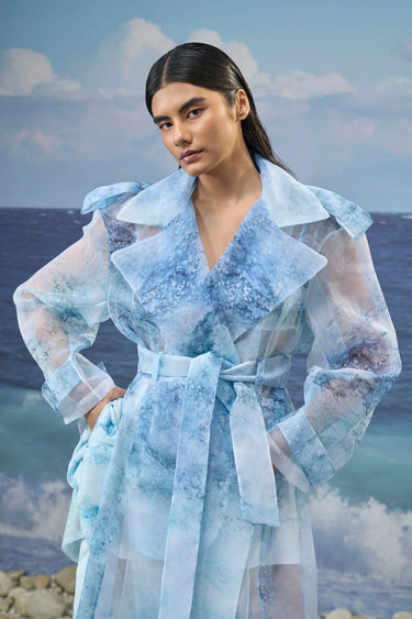 Multicolour Premium Poly Organza Abstract Print Trench Coat