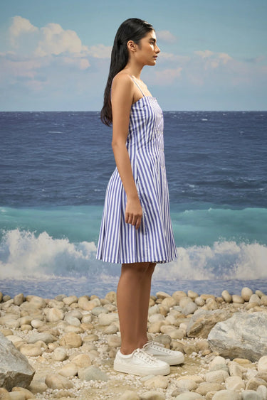 Navy Premium Cotton Bold Stripe Strapless Midi Dress