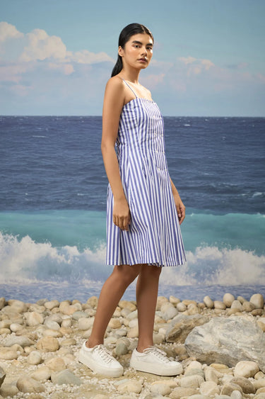 Navy Premium Cotton Bold Stripe Strapless Midi Dress